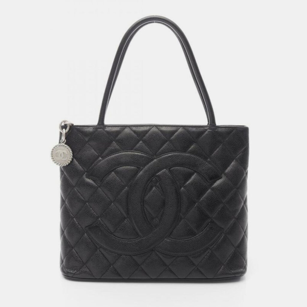 Chanel Medallion Tote Hand Bag Calfskin Leather Black
