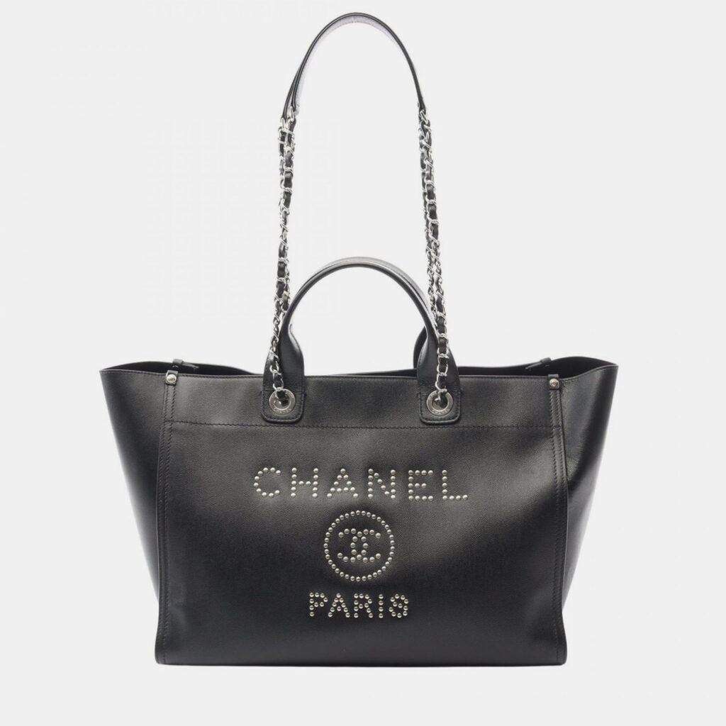 Chanel Deauville Tote Chain Shoulder Bag Calf Leather Black
