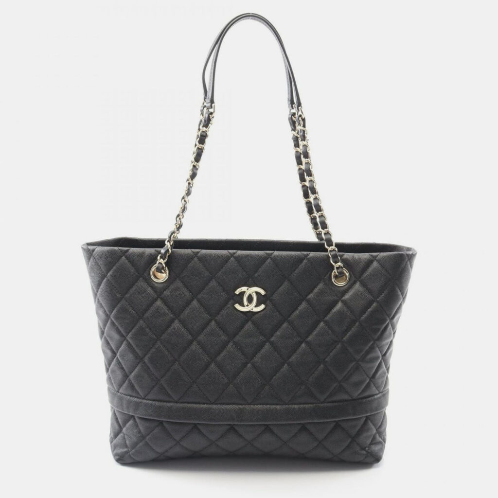 Chanel Matelasse Tote Chain Shoulder Bag Calfskin Leather Black