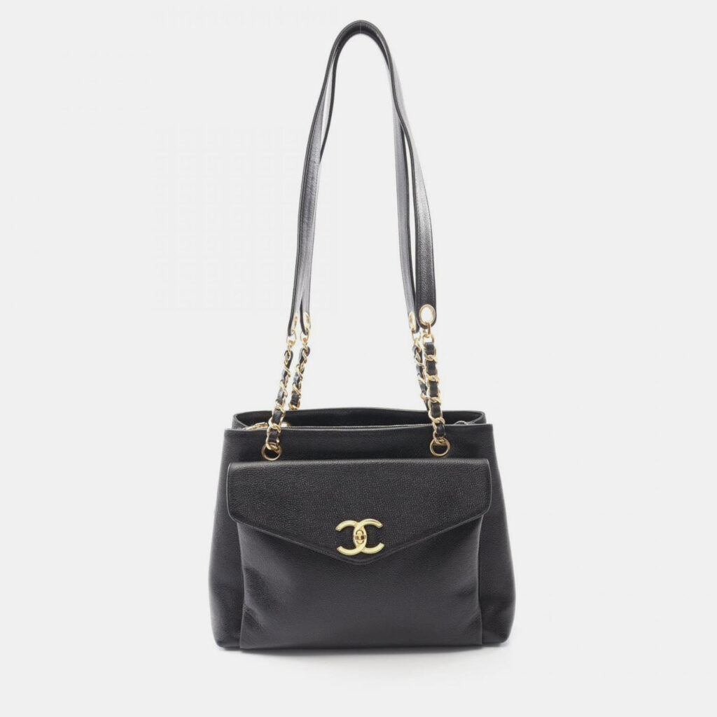 Chanel Coco Mark Tote Shoulder Bag Leather Calfskin Leather Black