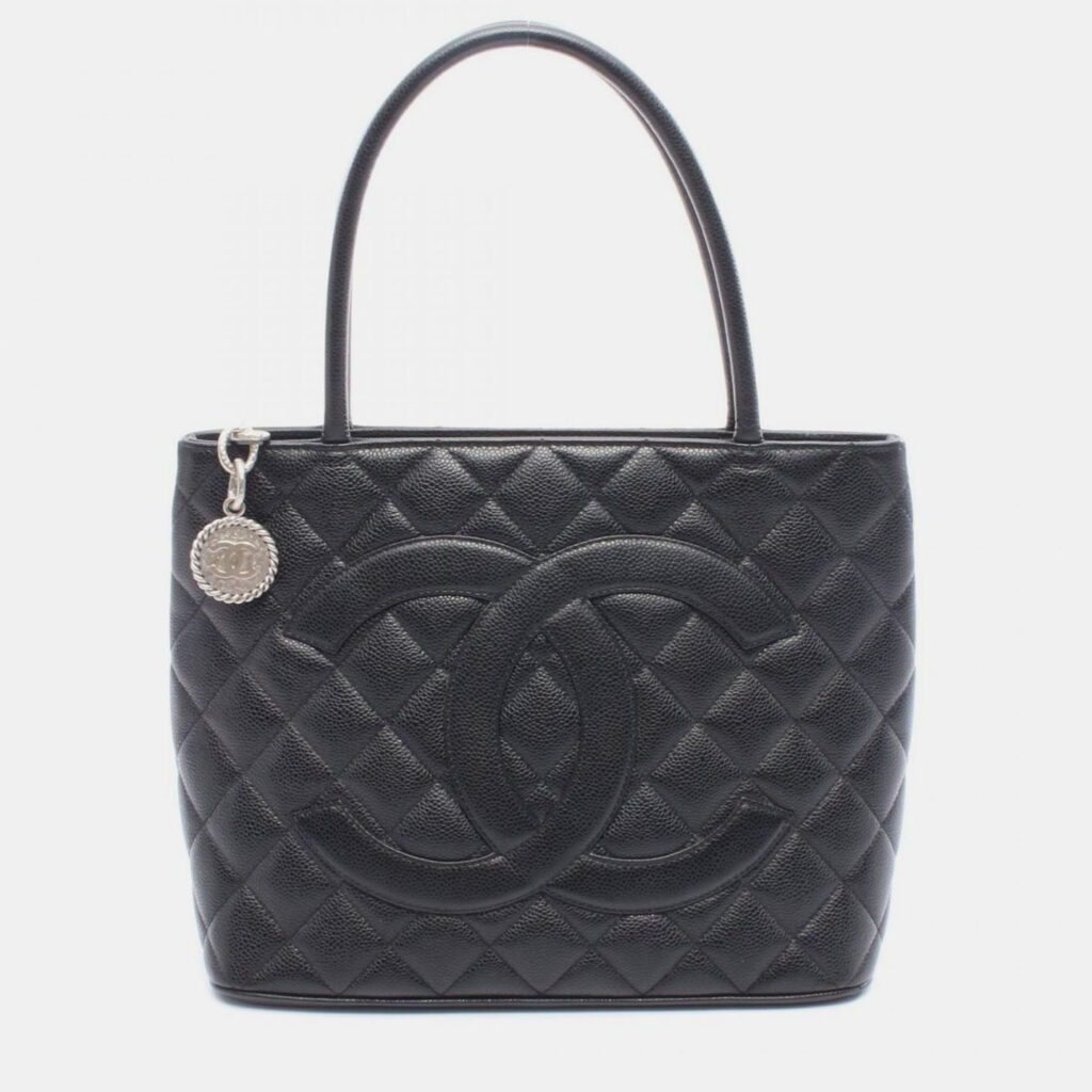 Chanel Medallion Tote Hand Bag Grained Calf Leather Black