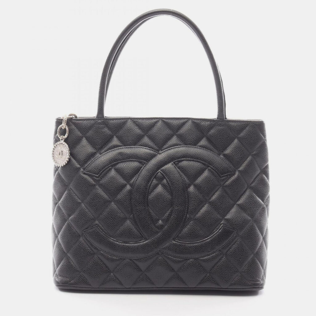 Chanel Medallion Tote Hand Bag Leather Grained Calfskin Black