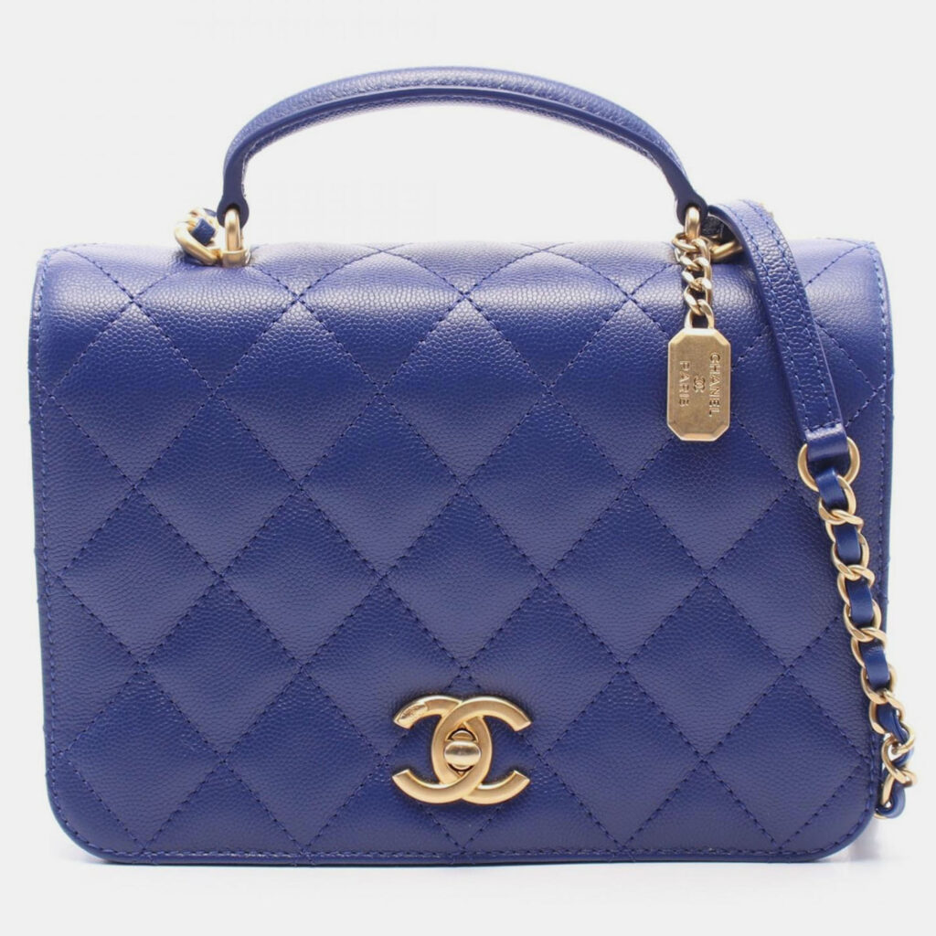 Chanel Matelasse 2Way Hand Shoulder Bag Leather Grained Calfskin Blue Chanel Matelasse 2Way Hand Shoulder Bag Leather Grained Calfskin Blue