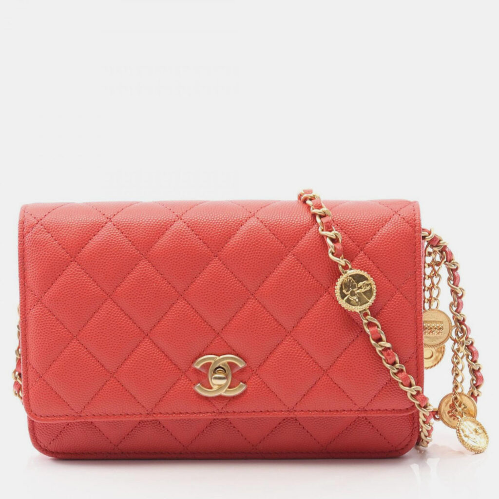 Chanel Matelasse Chain Crossbody Bag Grained Calf Red Orange Chanel Matelasse Chain Crossbody Bag Grained Calf Red Orange