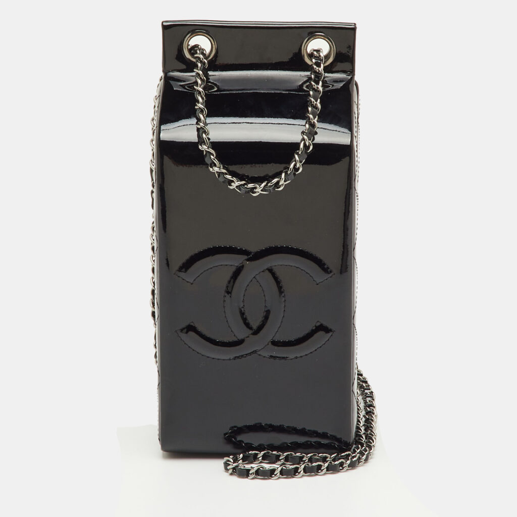 Chanel Black Quilted Patent Leather CC Milk Carton Bag