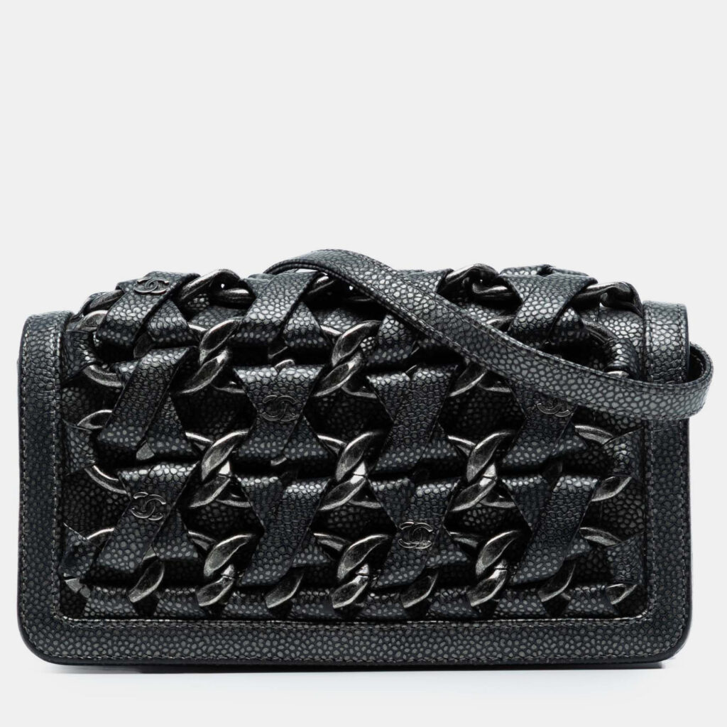 Chanel Black CC Metallic Caviar Interlaced Chain Clutch on Strap Chanel Black CC Metallic Caviar Interlaced Chain Clutch on Strap