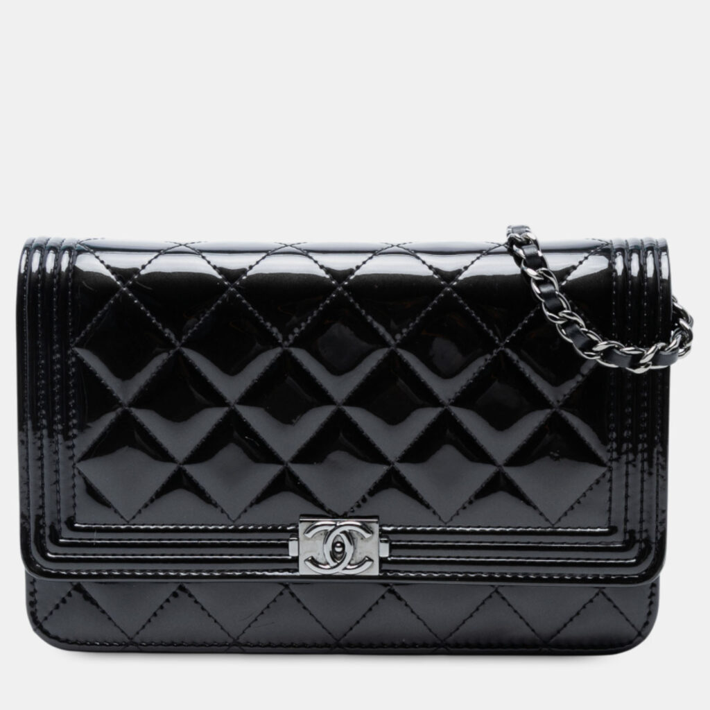 Chanel Black Quilted Patent Boy Wallet on Chain Chanel Black Quilted Patent Boy Wallet on Chain