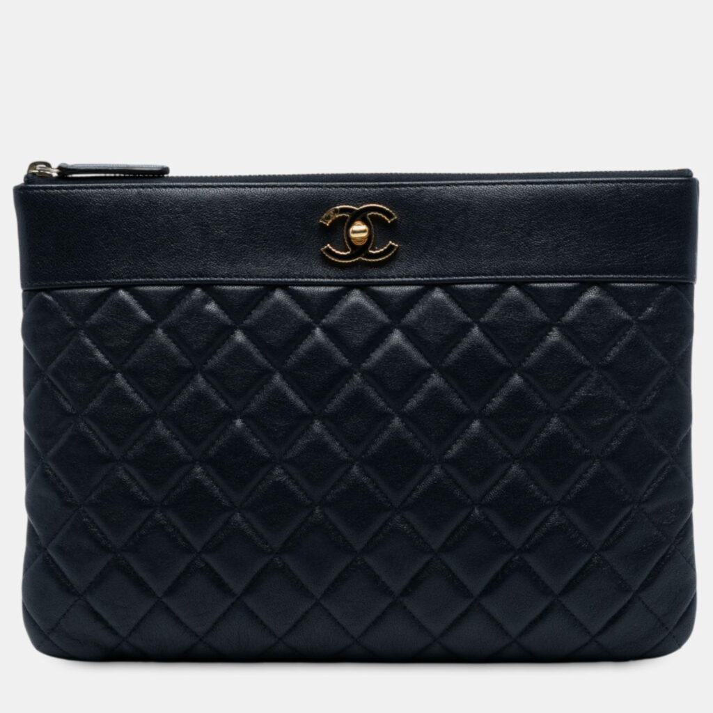 Chanel Navy Blue Medium Quilted Sheepskin Mademoiselle O Case Clutch