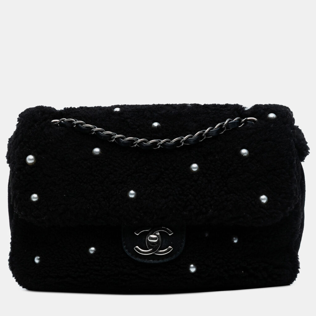 luxury-women-chanel-used-handbags-p1245863-007.jpg Chanel Black Medium Shearling Pearl Studded Flap