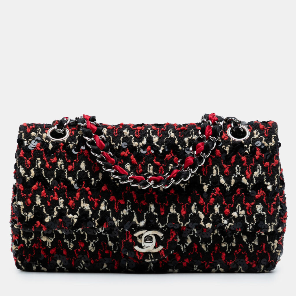 luxury-women-chanel-used-handbags-p1245901-005-1.jpg Chanel Black/Red Medium Classic Sequined Tweed Double Flap