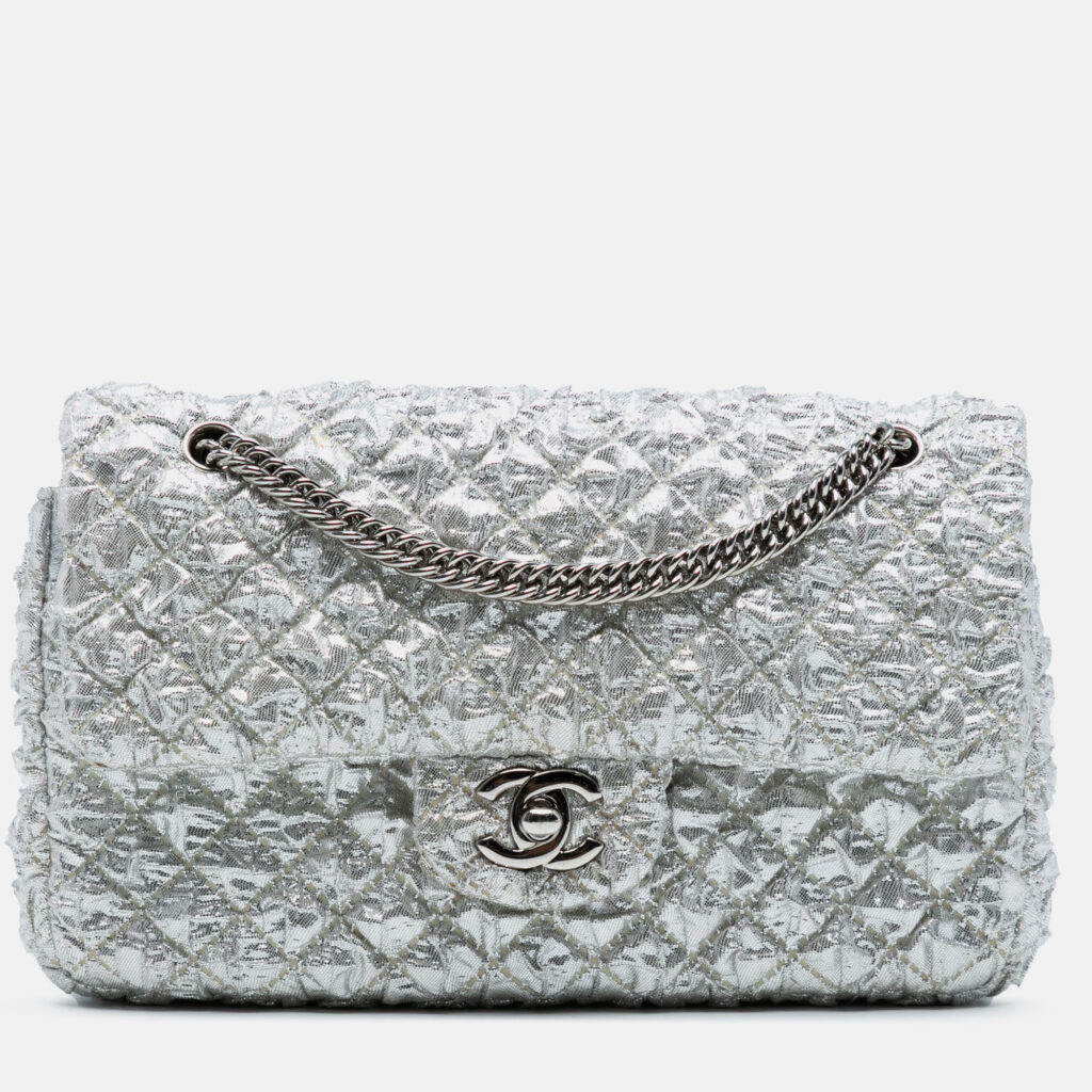 luxury-women-chanel-used-handbags-p1245915-005-1.jpg Chanel Silver Small Classic Metallic Lame Bijoux Chain Double Flap