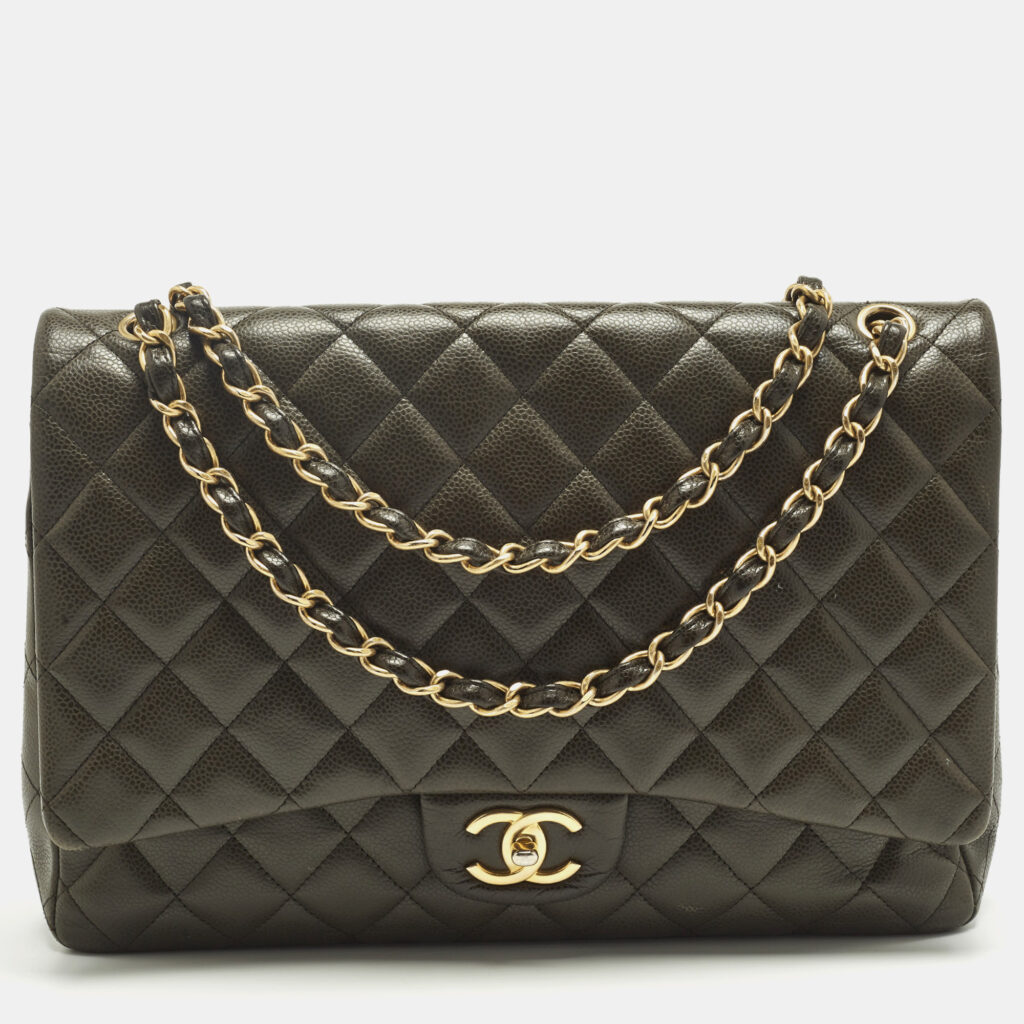 Chanel Classic Double Flap Maxi Green Quilted Caviar Leather Bag Chanel Classic Double Flap Maxi Green Quilted Caviar Leather Bag