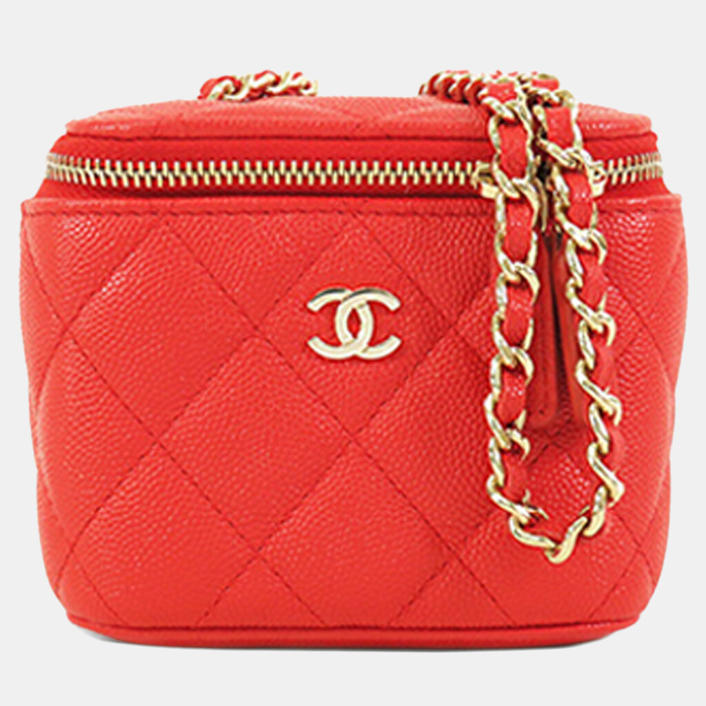 Chanel Red Mini Quilted Caviar Vanity Case with Chain Chanel Red Mini Quilted Caviar Vanity Case with Chain