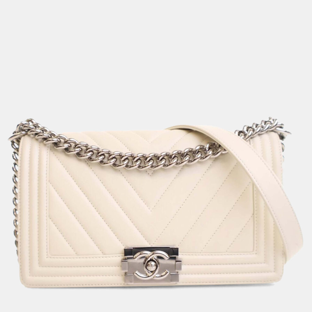 Chanel Cream Old Medium Chevron Lambskin Boy Flap