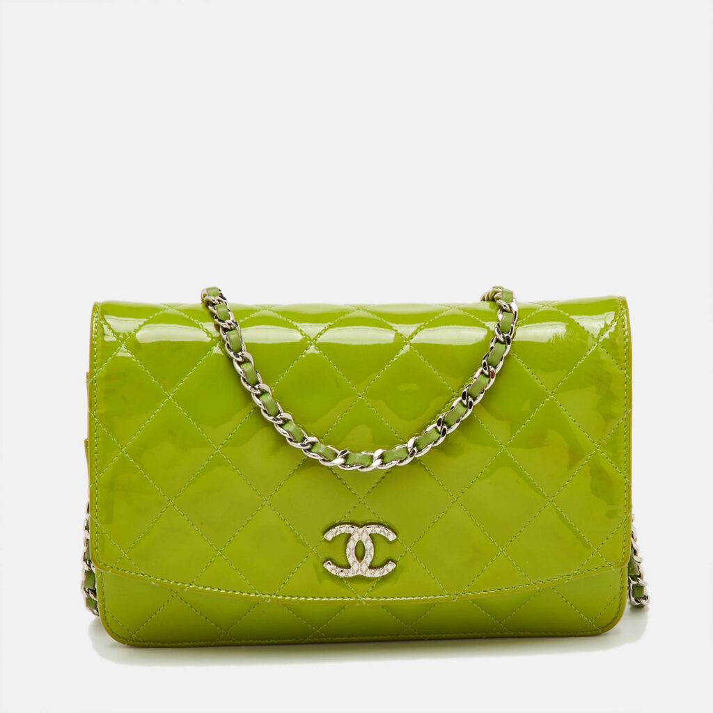 Chanel Green Quilted Patent Leather CC Flap Wallet On Chain