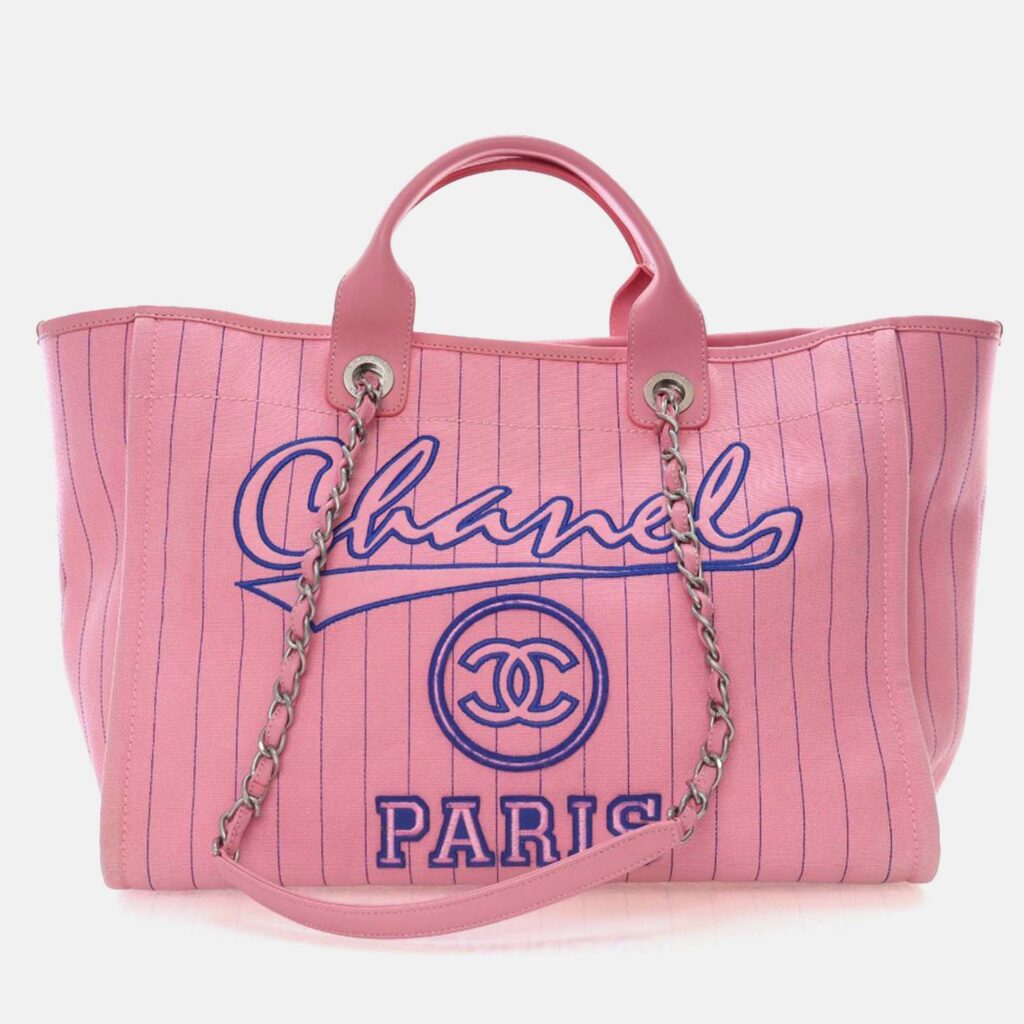 Chanel Medium Pink Pinstriped Canvas Deauville Tote
