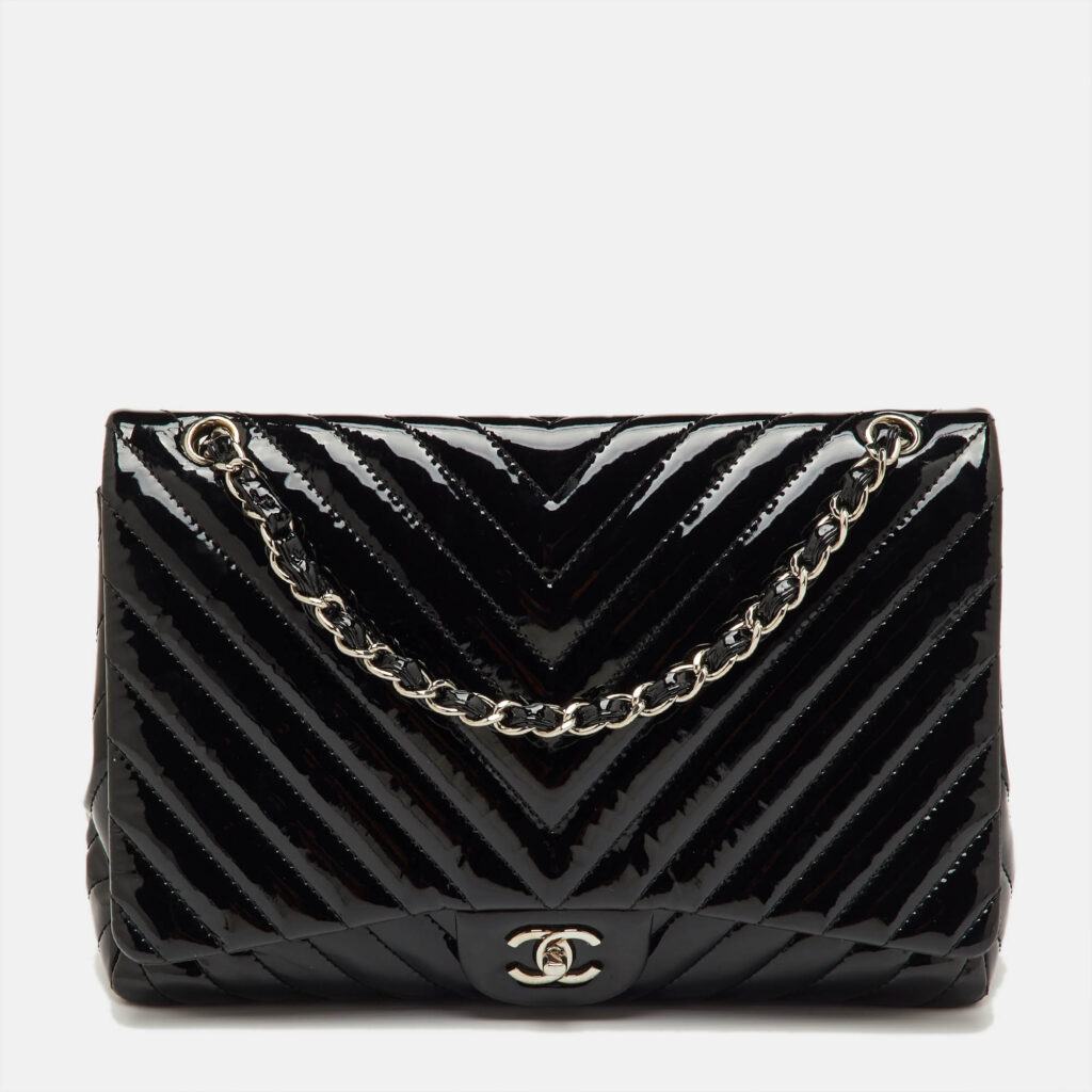 Chanel Black Chevron Patent Leather Maxi Classic Single Flap Bag Chanel Black Chevron Patent Leather Maxi Classic Single Flap Bag