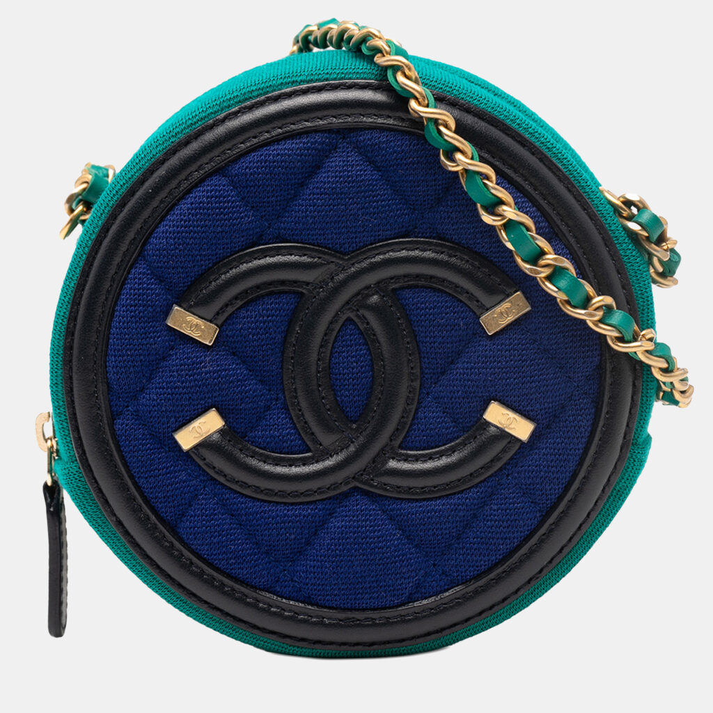 Chanel Blue Green Tricolor Jersey CC Filigree Round Crossbody Chanel Blue Green Tricolor Jersey CC Filigree Round Crossbody