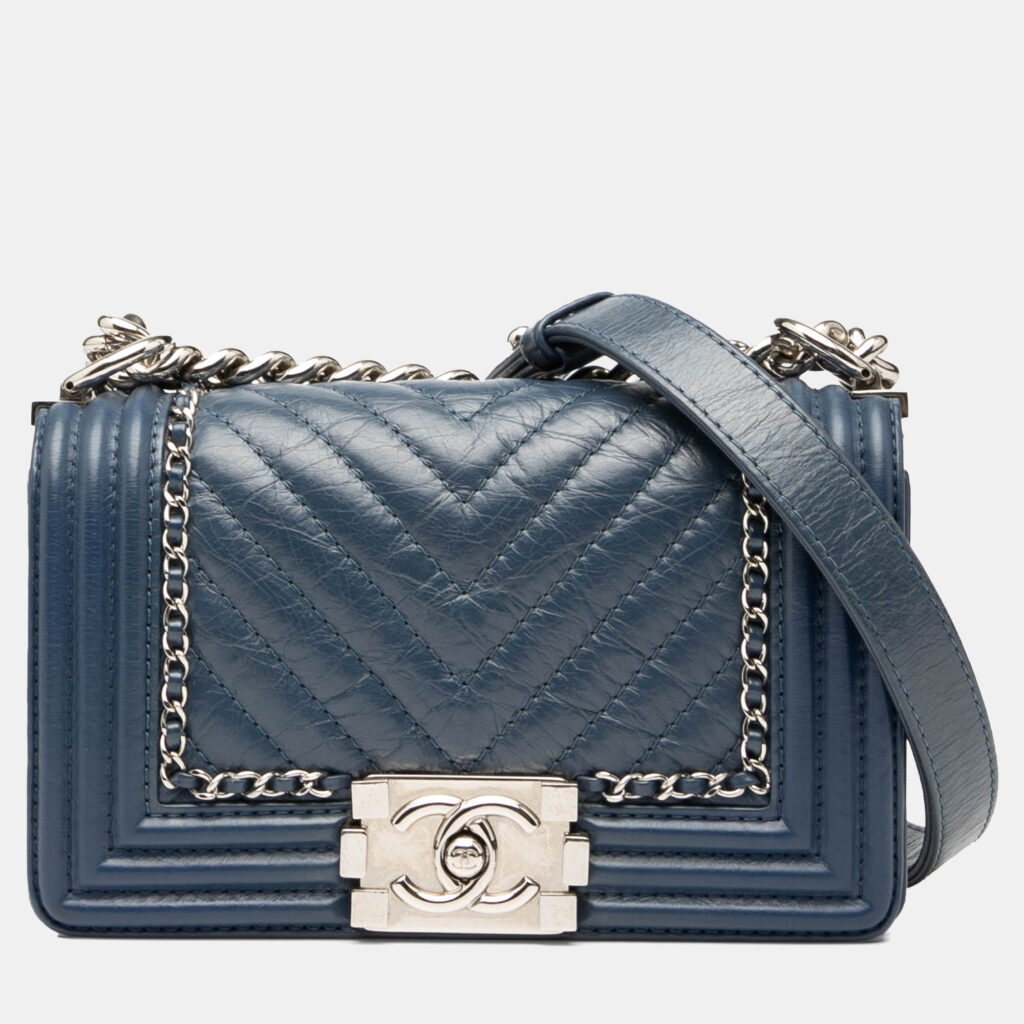 Chanel Navy Blue Small Chevron Aged Calfskin Jacket Boy Flap