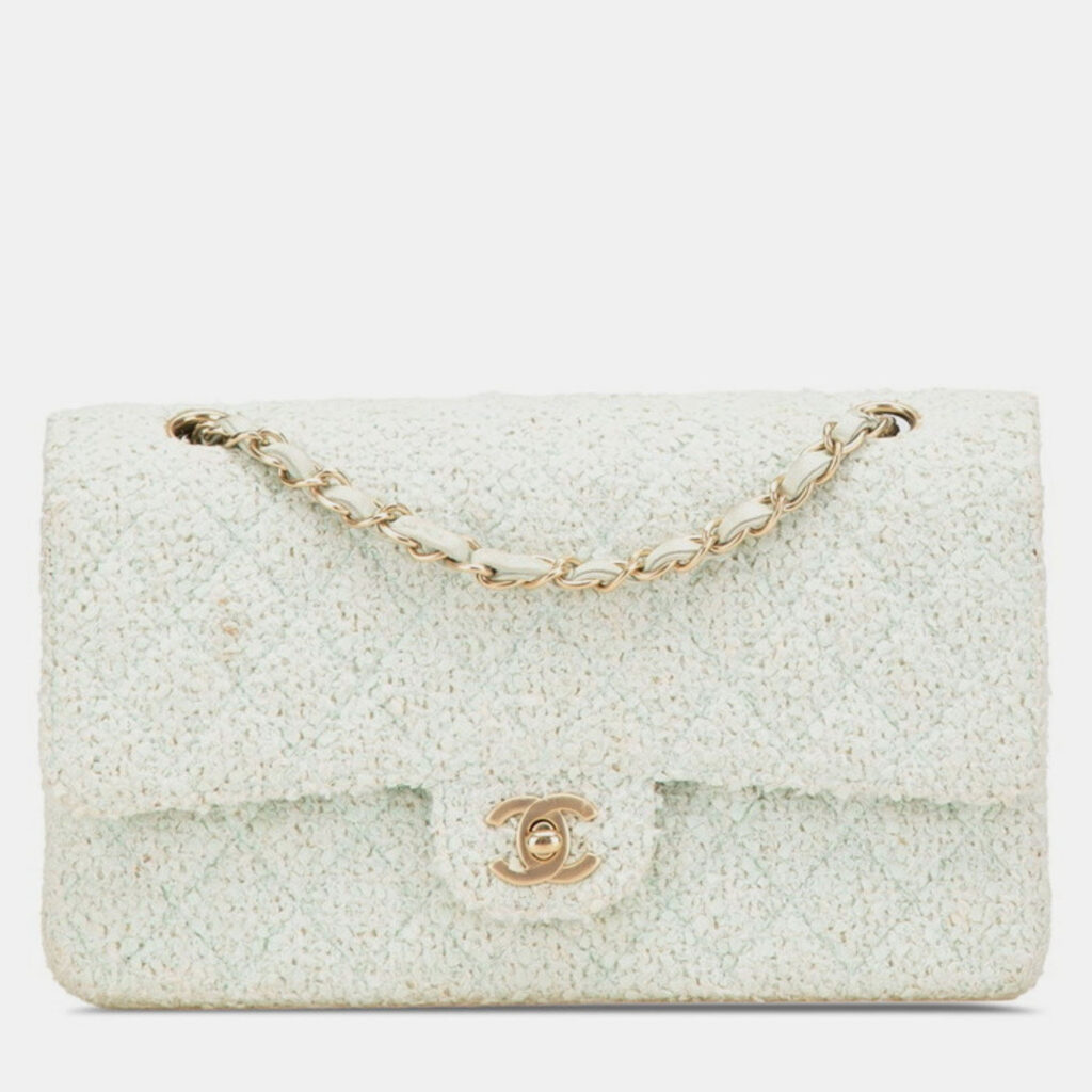 Chanel Matelasse 25 Coco Mark Double Flap Chain Shoulder Bag In Green Mint Tweed And Leather Chanel Matelasse 25 Coco Mark Double Flap Chain Shoulder Bag In Green Mint Tweed And Leather