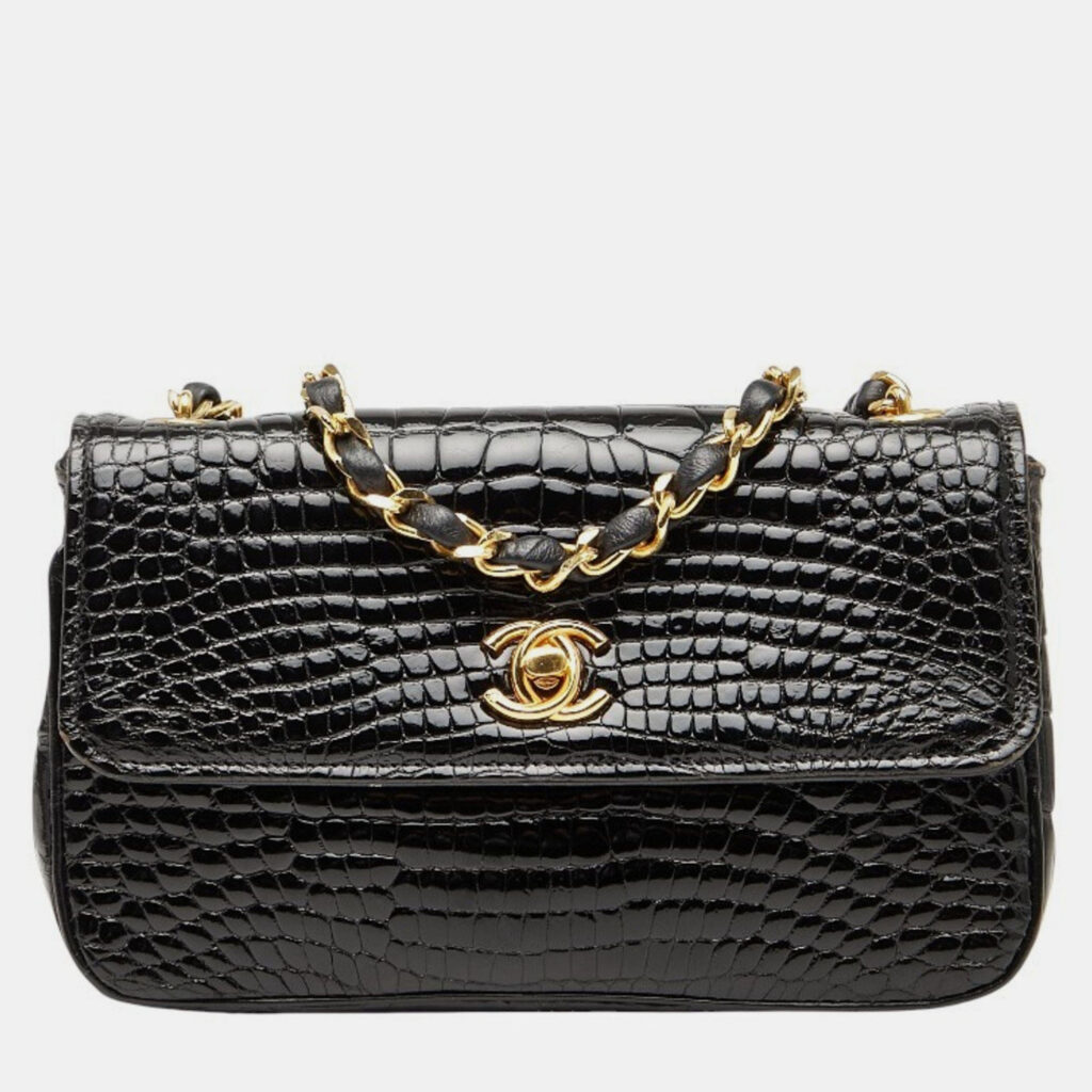Chanel Coco Mark Crocodile Embossed Chain Shoulder Bag In Black Patent Leather Chanel Coco Mark Crocodile Embossed Chain Shoulder Bag In Black Patent Leather