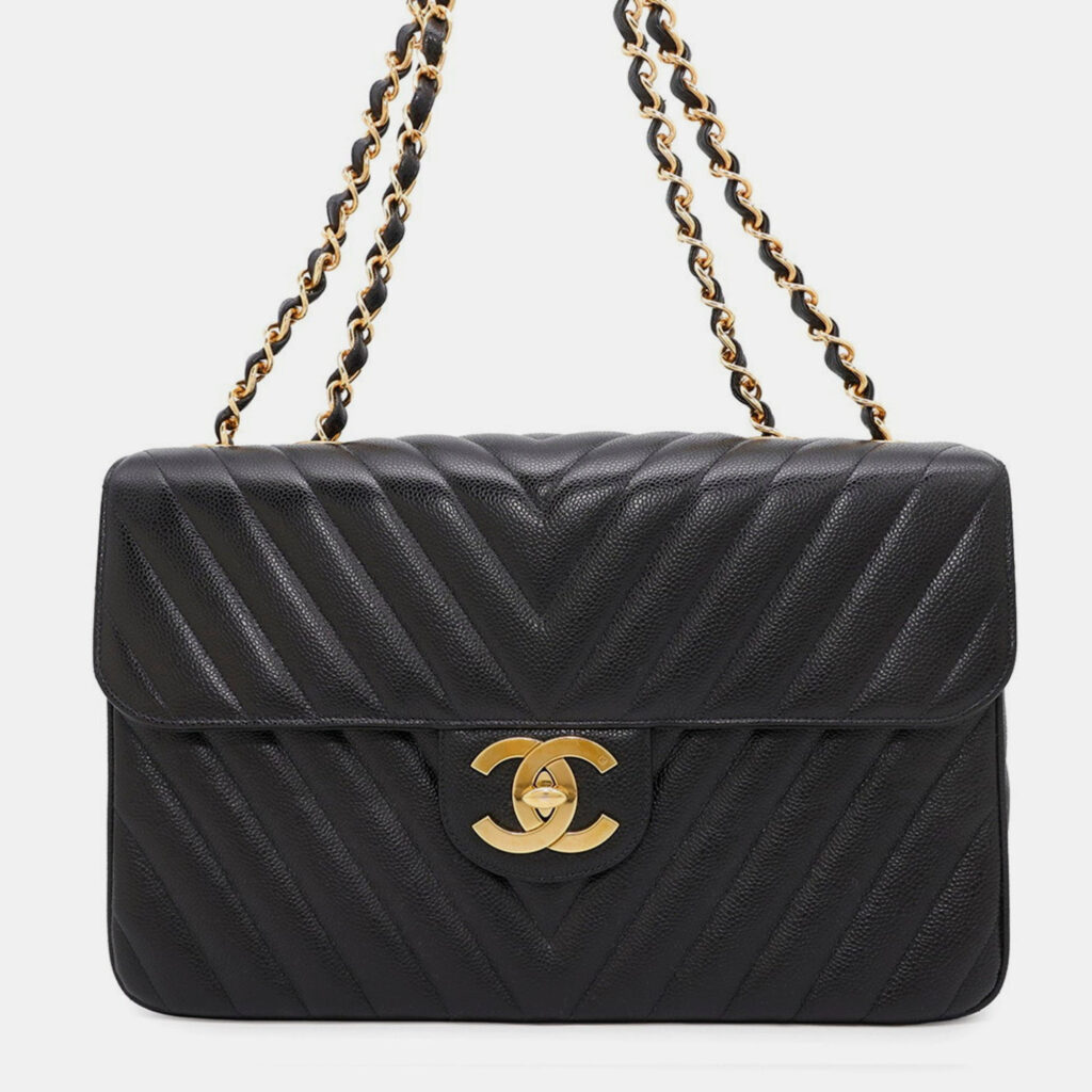 Chanel Chain Shoulder Bag Chevron Coco Mark W Caviar Skin Black V Stitch