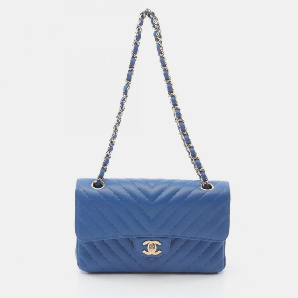 Chanel Chevron V-Stitch W-Flap Shoulder Bag Lambskin (Sheepskin) Blue