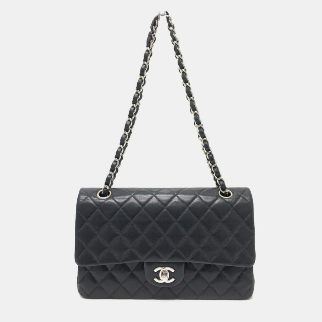 Chanel Matelasse 25 Double Chain Flap Shoulder Bag Lambskin Silver Hardware Black Chanel Matelasse 25 Double Chain Flap Shoulder Bag Lambskin Silver Hardware Black