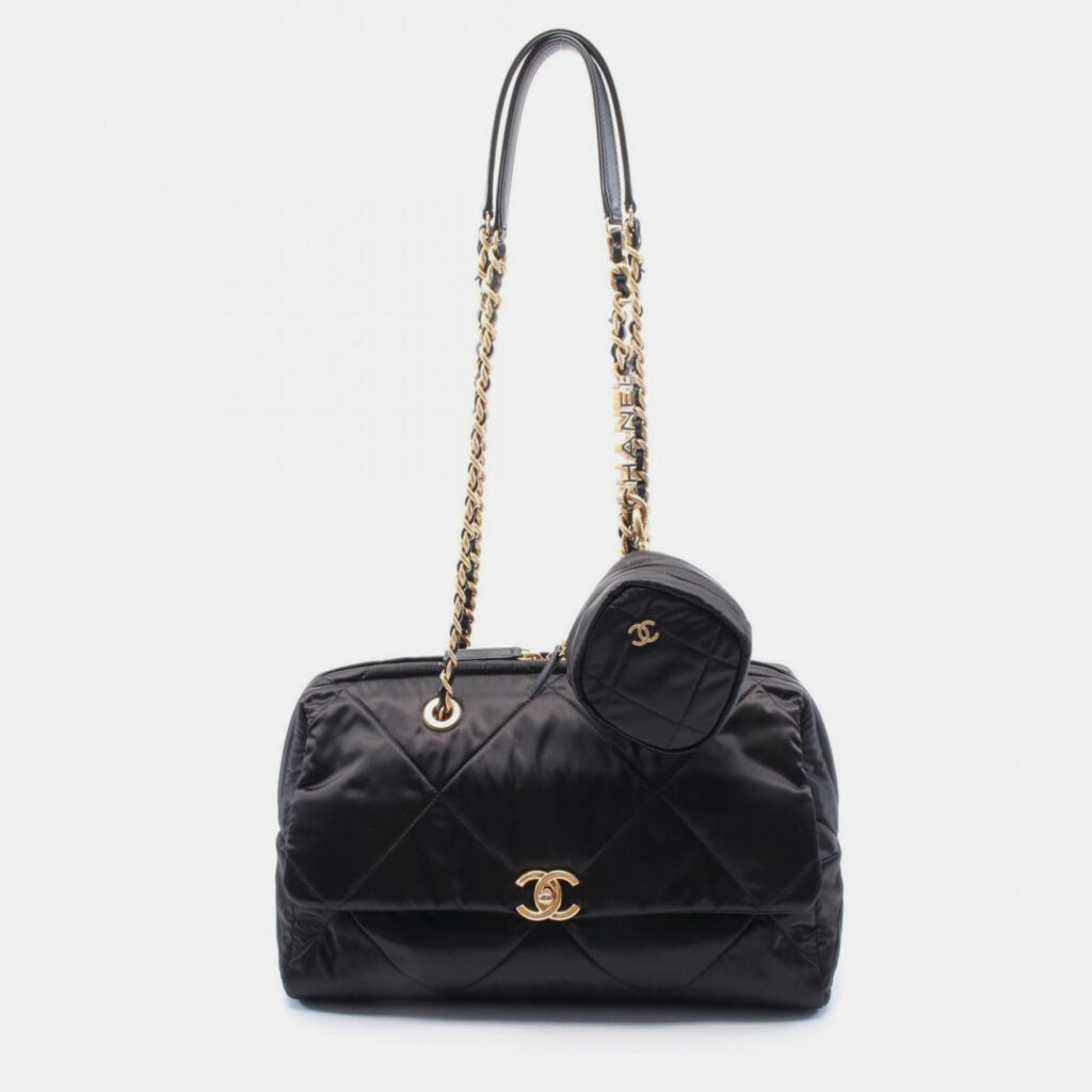 Chanel Matelasse Large Bowling Bag Shoulder Nylon Leather Black