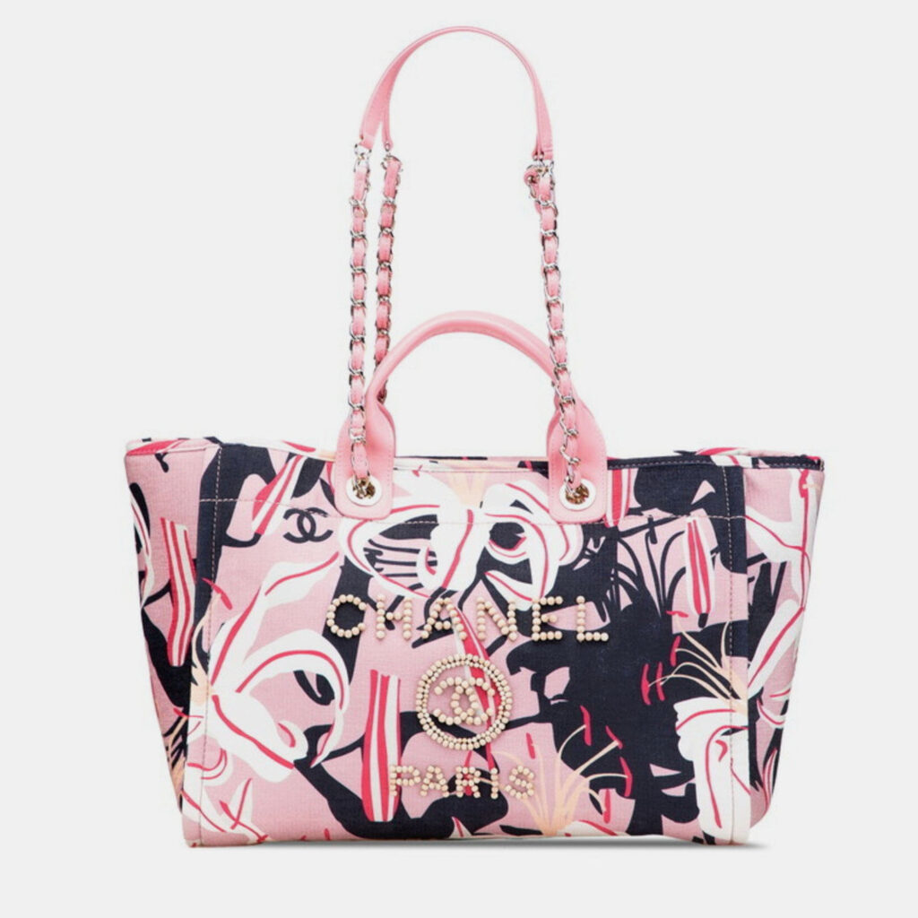 Chanel Deauville Tote Bag Handbag Pink Multicolor Velour Leather