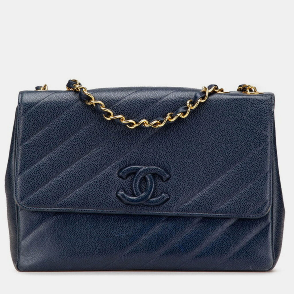 Chanel Coco Mark Bias Stitch Chain Shoulder Bag In Navy Caviar Leather Chanel Coco Mark Bias Stitch Chain Shoulder Bag In Navy Caviar Leather