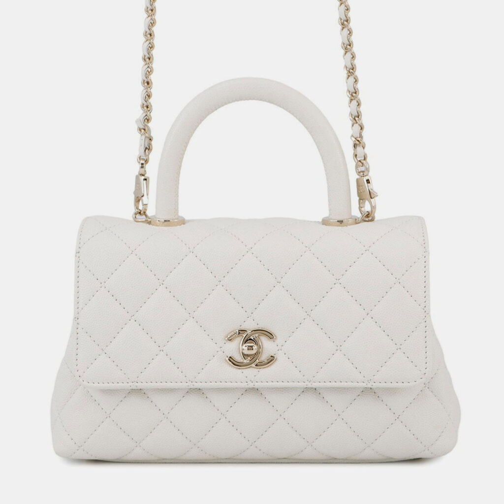 Chanel Matelasse Handbag With Coco Mark And Handle Caviar Skin White