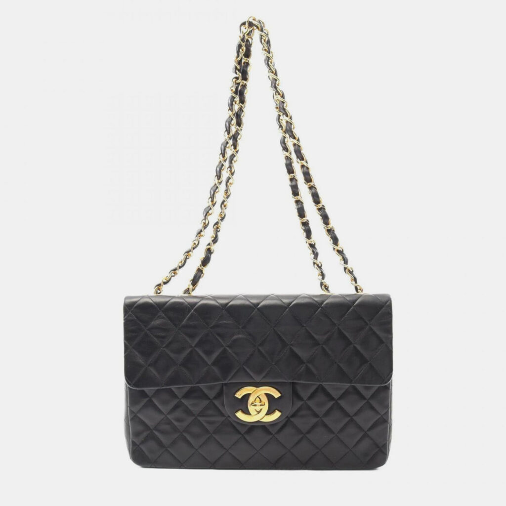 Chanel Deca Matelasse 34 Shoulder Bag Lambskin (Sheepskin) Black