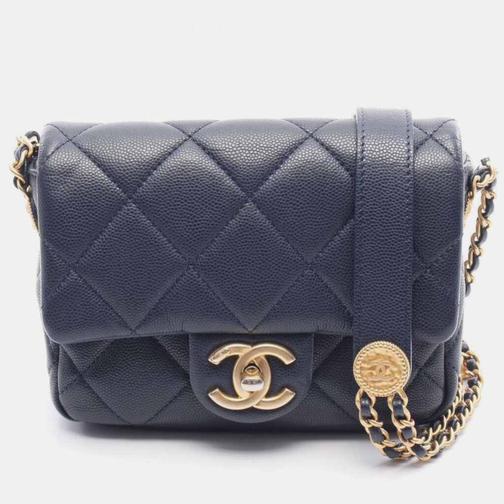 Chanel Matelasse Mini Shoulder Bag In Calfskin Leather Navy Blue