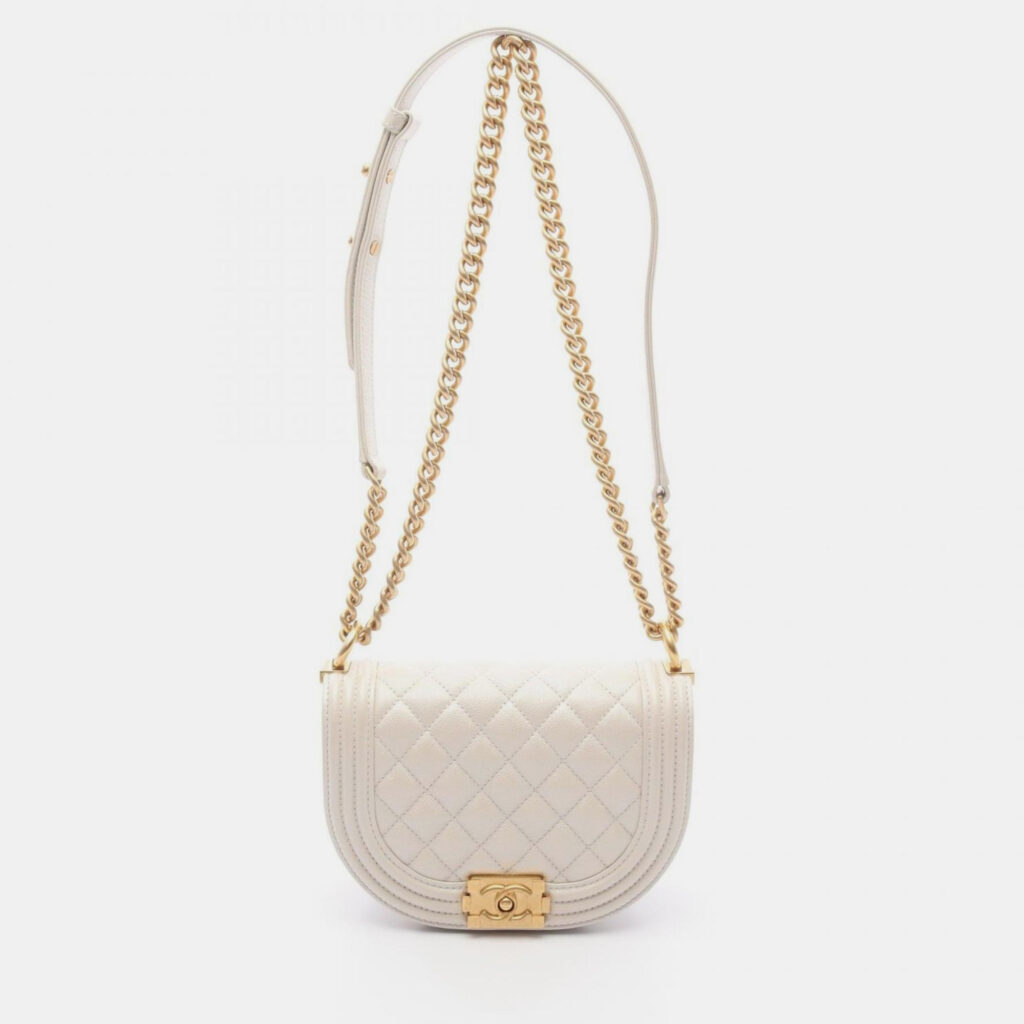 Chanel Boy Chanel Small Shoulder Bag In Grained Calfskin Caviar Leather (White)