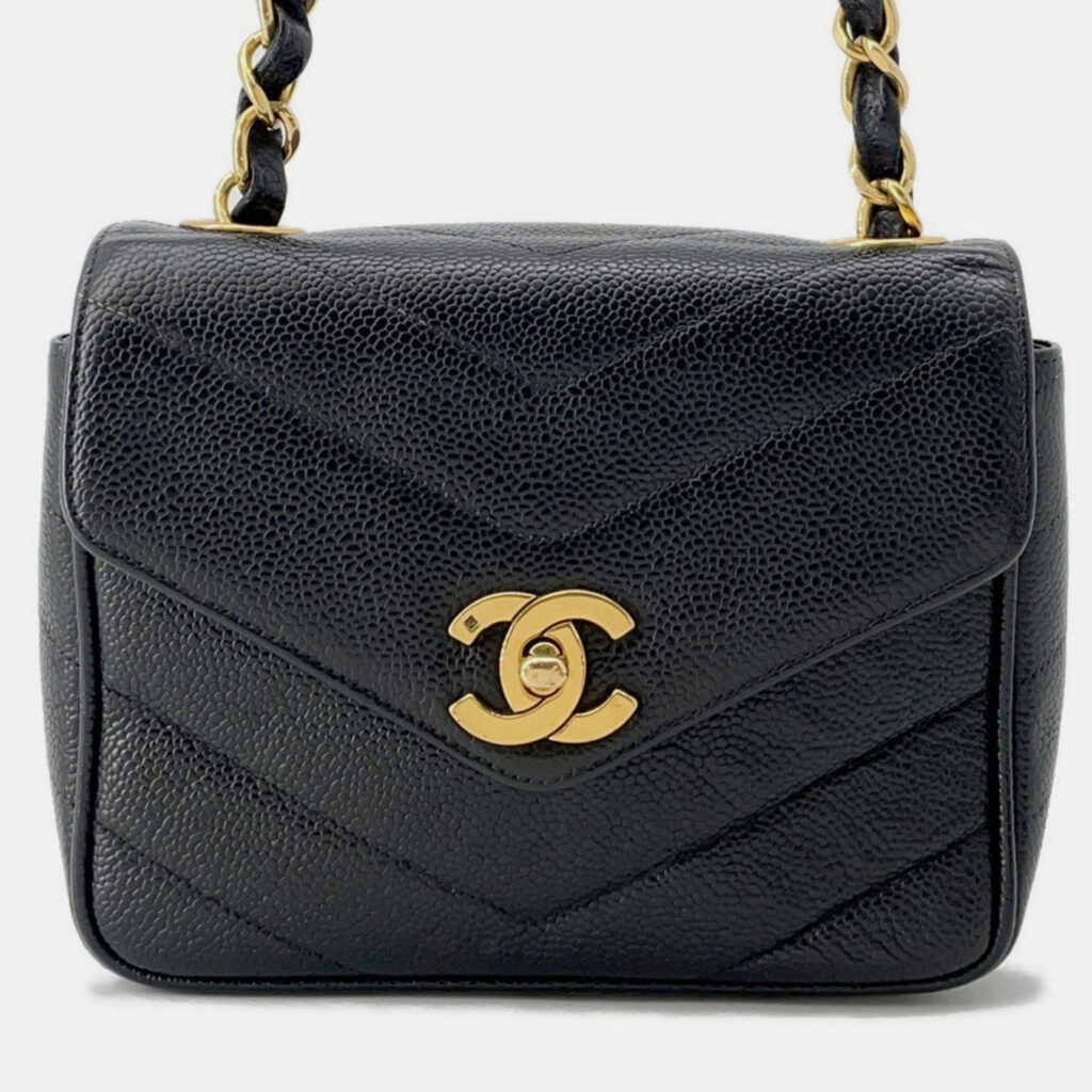 Chanel Chain Shoulder Bag V Stitch Chevron Caviar Skin Black