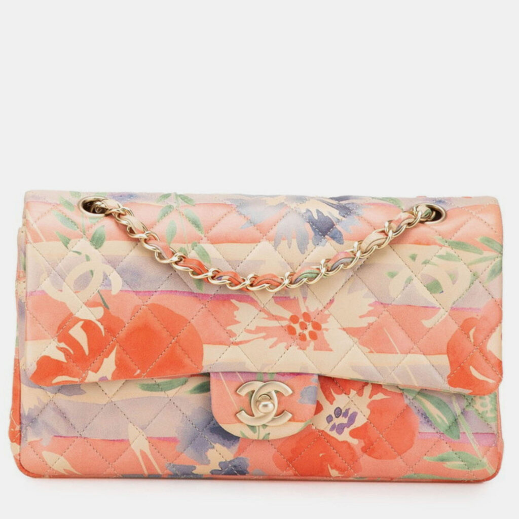Chanel Matelasse 25 Double Flap Coco Mark Flower Chain Shoulder Bag In Pink Multicolored Lambskin