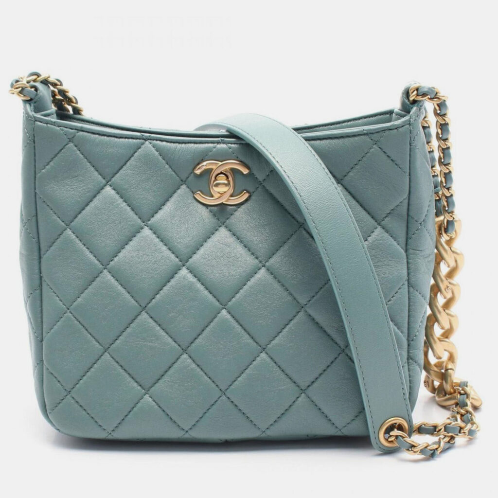 Chanel Matelasse Small Hobo Bag Shoulder Leather Green