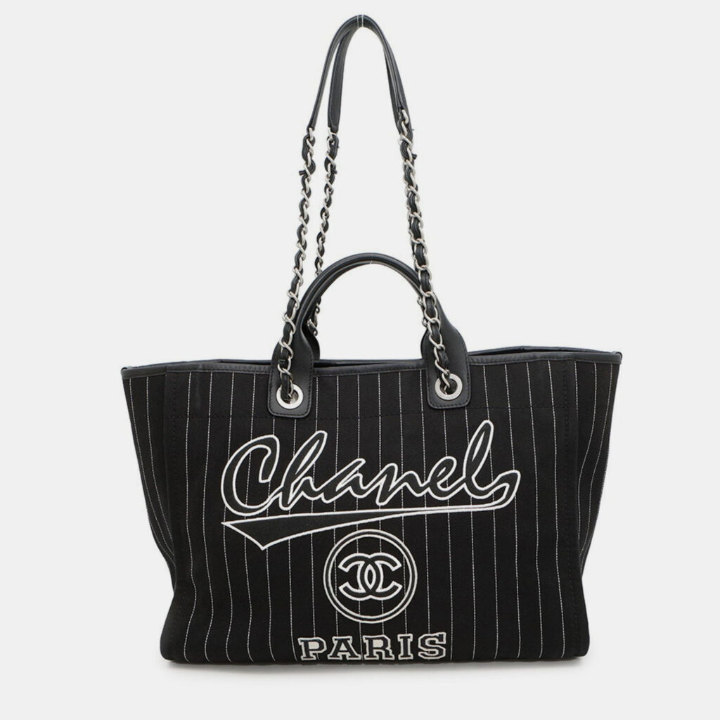 Chanel Deauville Mm Canvas Chain Tote Bag Black