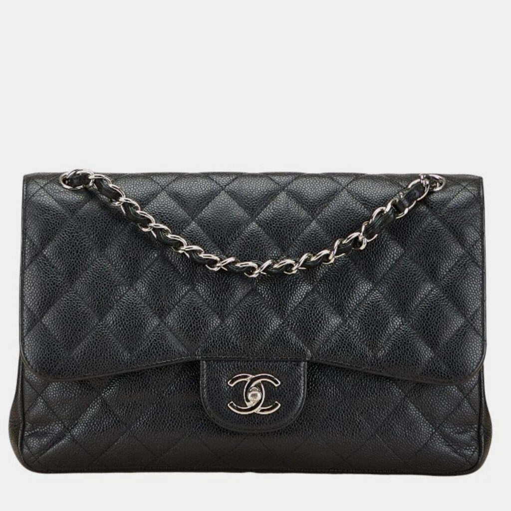 Chanel Coco Mark Matelasse 30 Double Flap Chain Shoulder Bag In Black Caviar Skin