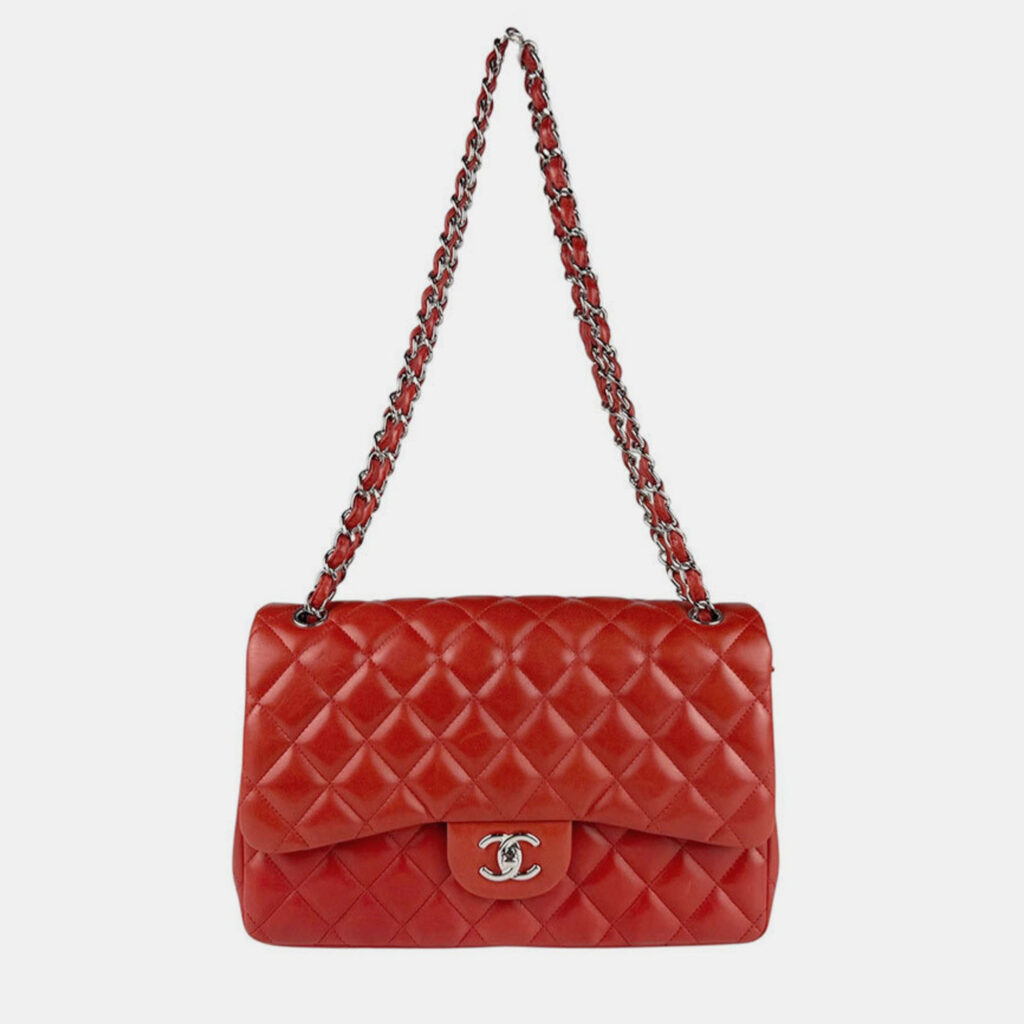 Chanel Matelasse Shoulder Bag With Double Flap Leather And Metallic Finish Red Silver