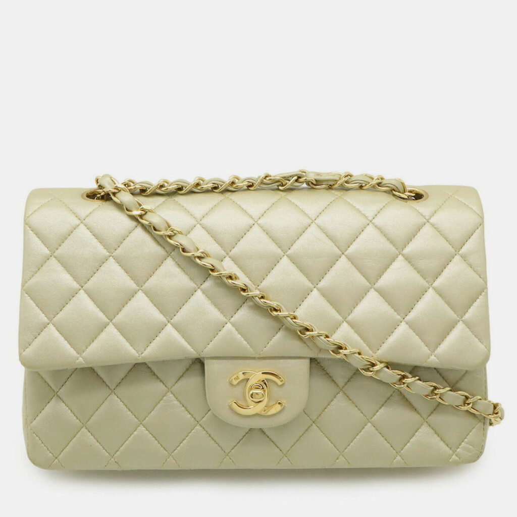 Chanel Matelasse 25 Coco Mark Double Flap Chain Shoulder Bag Leather Champagne Gold