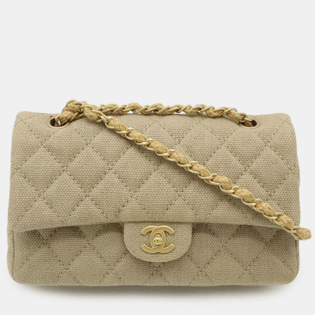 Chanel Matelasse Coco Mark Chain Shoulder Bag Linen Canvas Beige