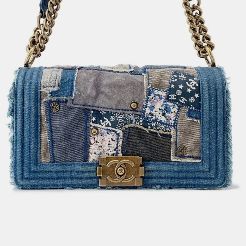 Chanel Boy Chain Shoulder Bag With Coco Mark And Patchwork Denim