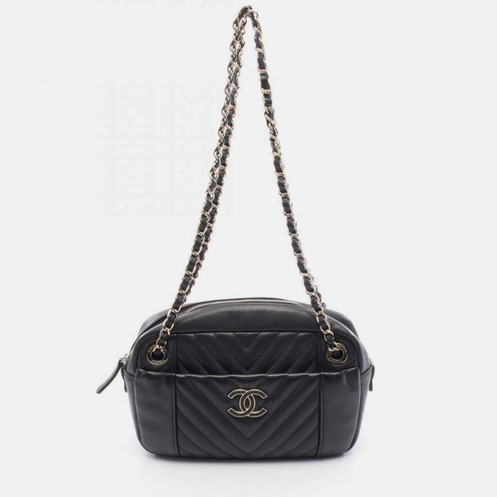 Chanel V-Stitch Chevron Shoulder Bag In Lambskin Leather Black