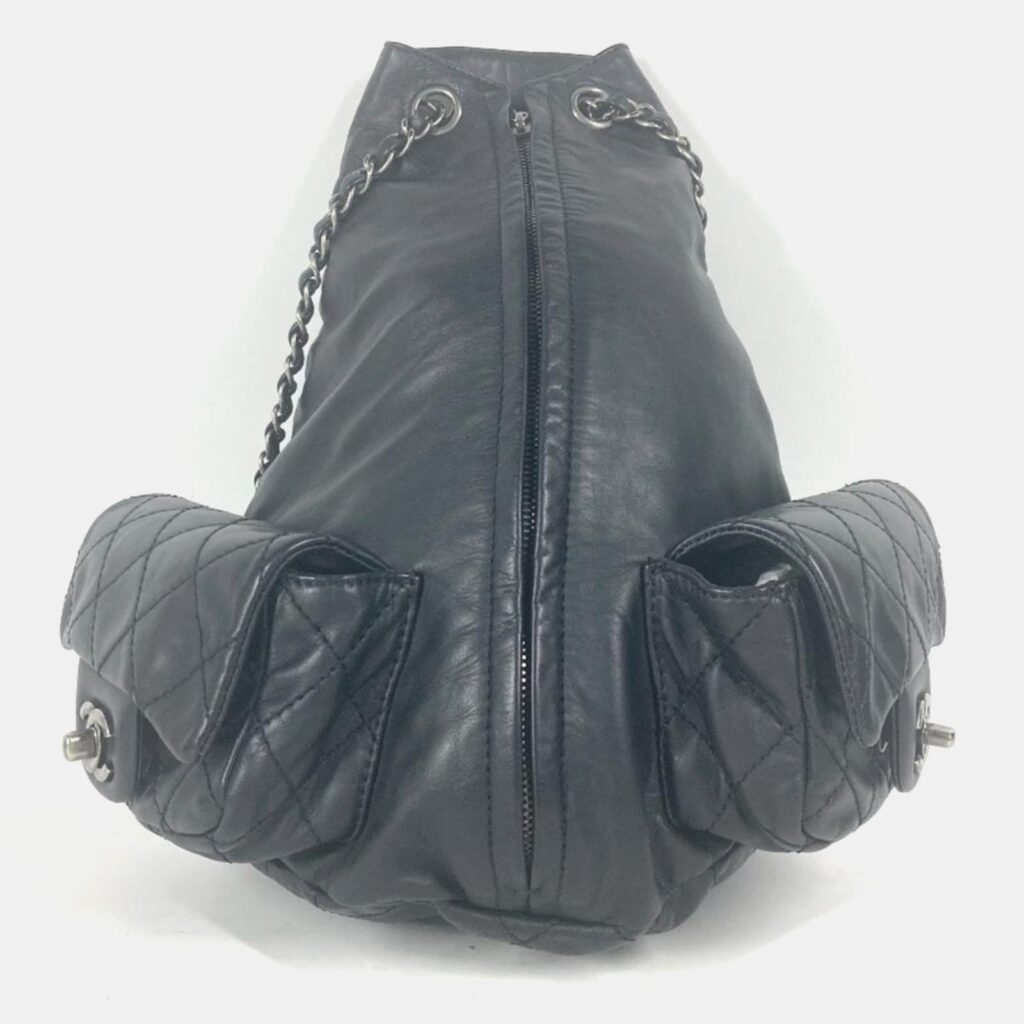 Chanel Double Pocket Quilted Bag Zipper Chain Backpack Gunmetal Rucksack Leather Black Chanel Double Pocket Quilted Bag Zipper Chain Backpack Gunmetal Rucksack Leather Black