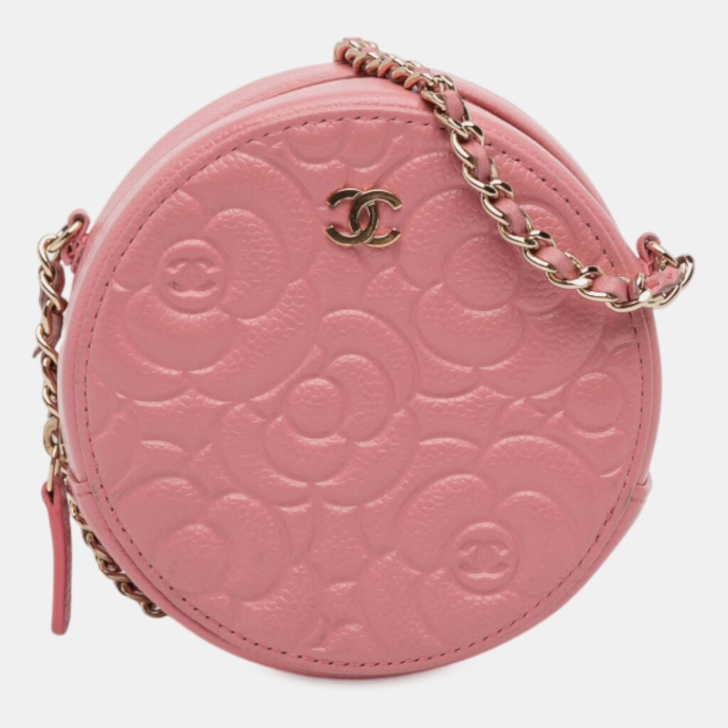 Chanel Pink CC Embossed Caviar Camellia Round Clutch With Chain Chanel Pink CC Embossed Caviar Camellia Round Clutch With Chain