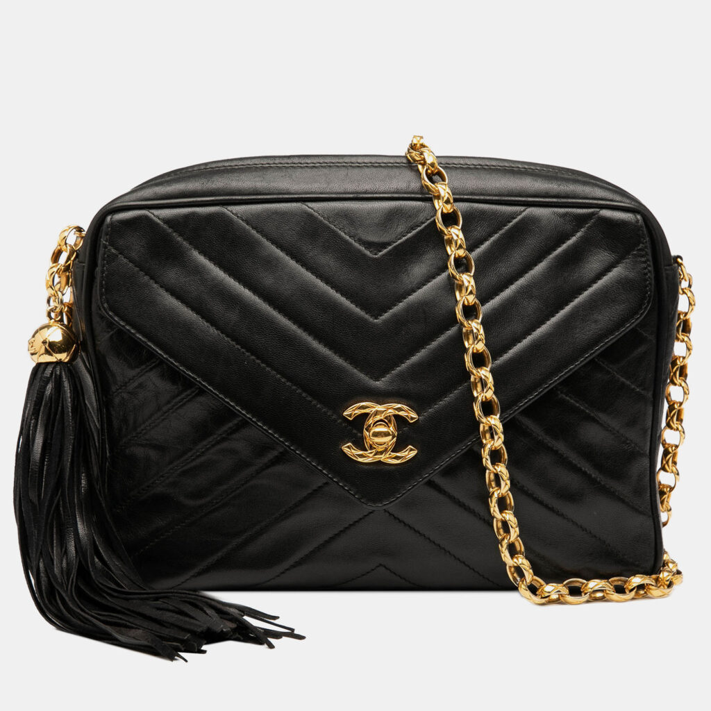 Chanel Black CC Chevron Lambskin Tassel Chain Camera Bag Chanel Black CC Chevron Lambskin Tassel Chain Camera Bag