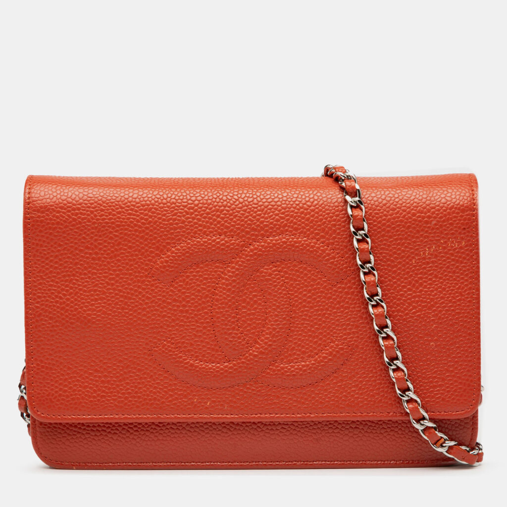Chanel Orange CC Caviar Wallet On Chain