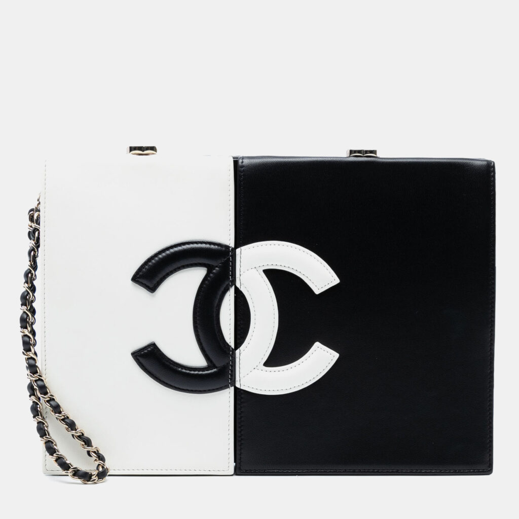 Chanel Black White CC Lambskin Split Clutch with Chain